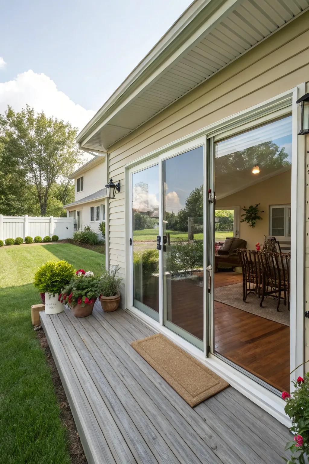 Sliding entrances create a seamless interior-exterior connection.