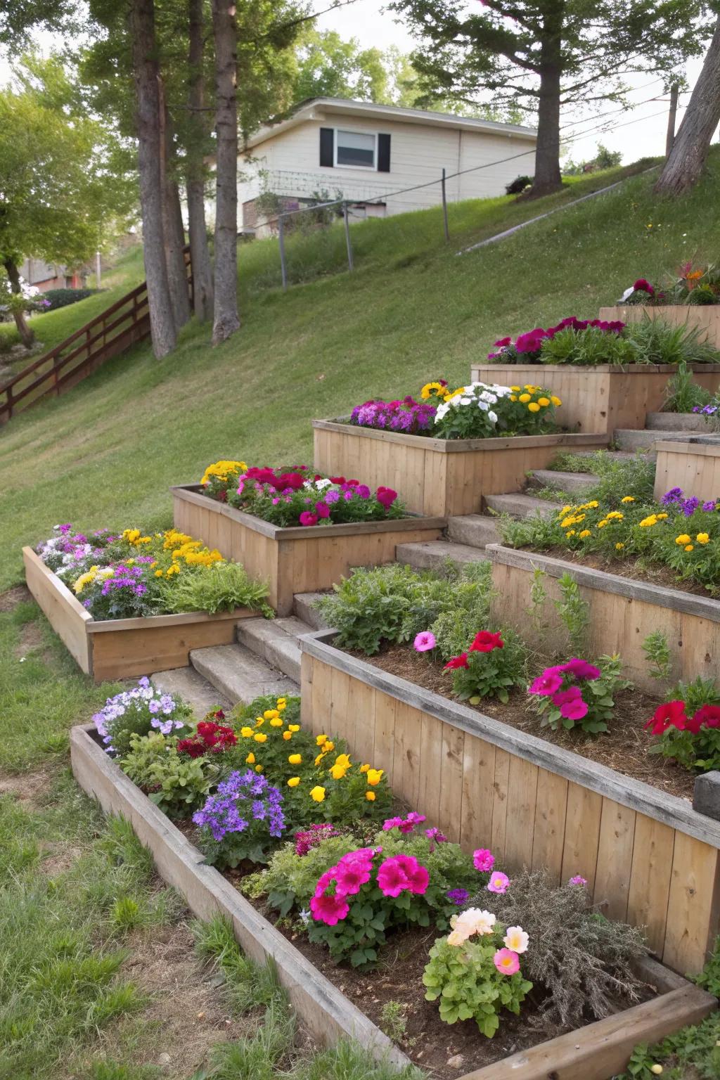 Staggered planters contribute vibrant hue and texture to sloped gardens.