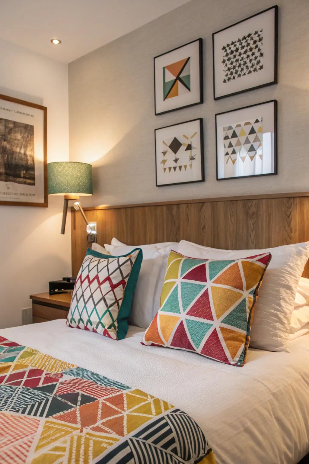 Geometric patterns contribute a modern touch to the dramatic bedroom.