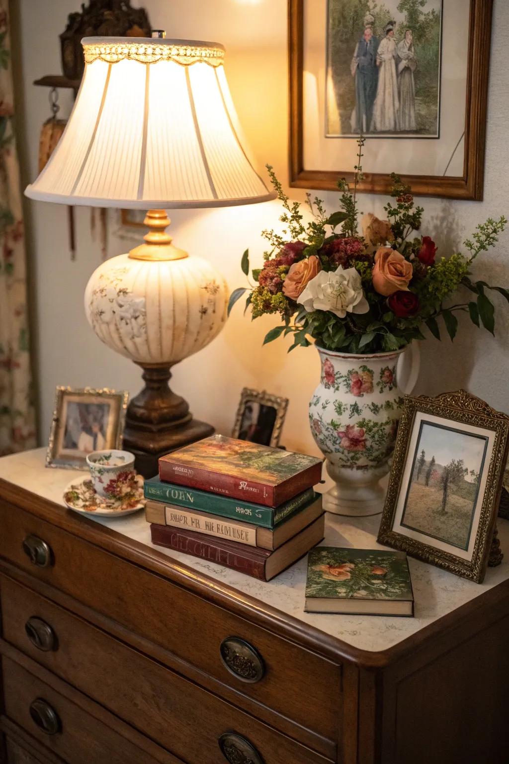 Artistic arrangements narrate a story on the dresser.