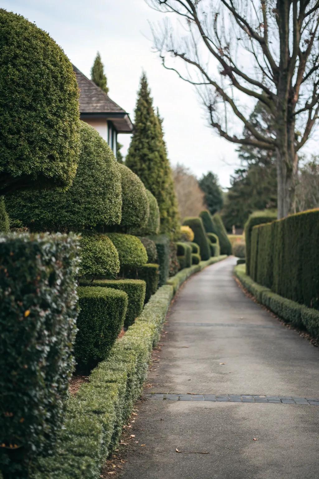 Tiered hedges adding depth and interest to a driveway landscape.
