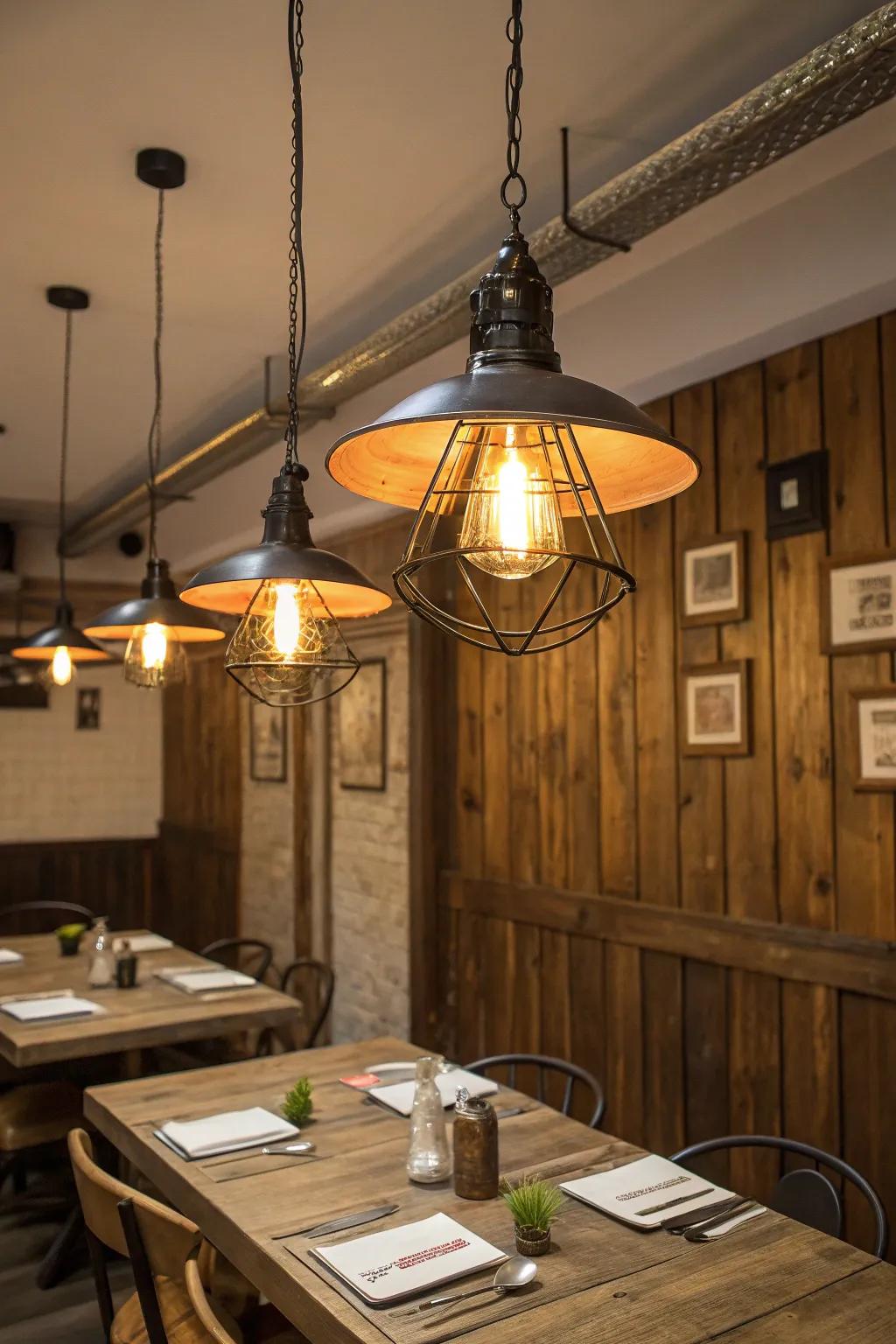 Past warehouse pendants contribute timeless charm to this dining space.