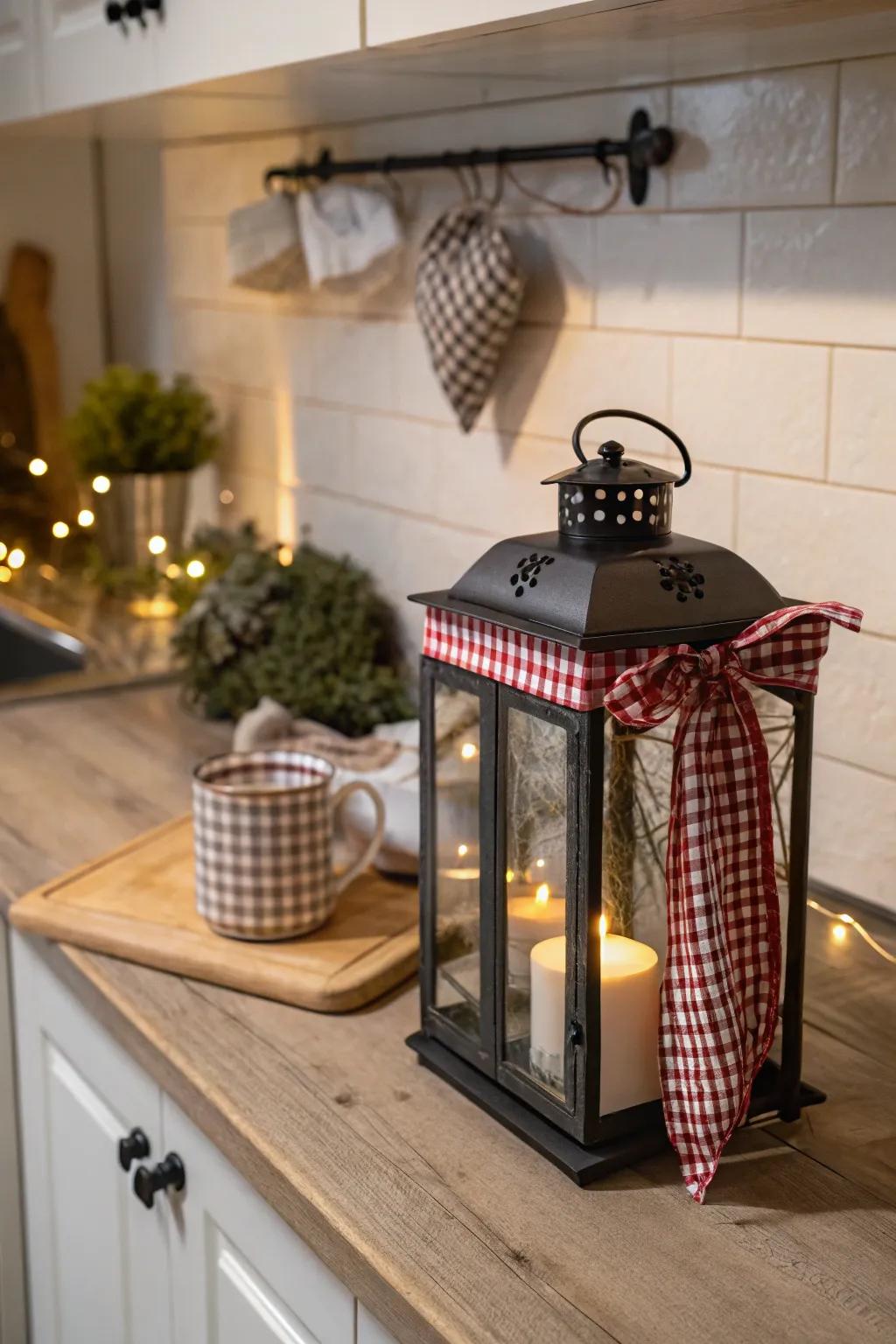 Checkerboard fabric incorporates a rural chic touch to lanterns.