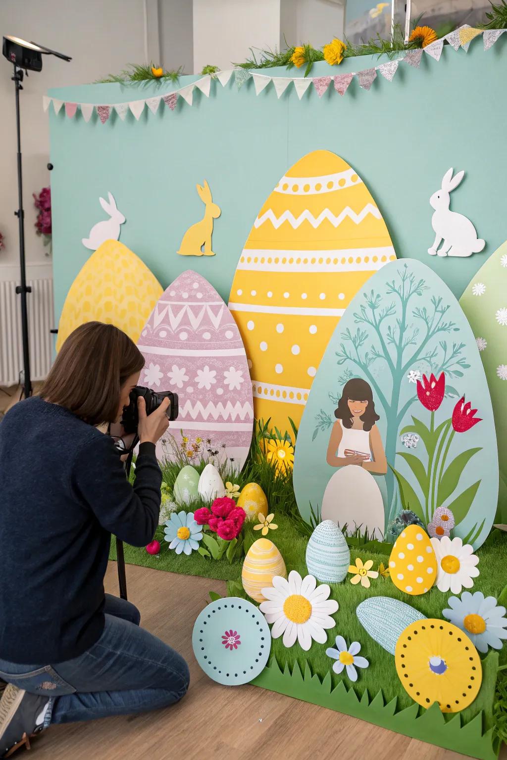 Handcrafted paper cutouts bring a personal and sentimental touch to this Easter backdrop.