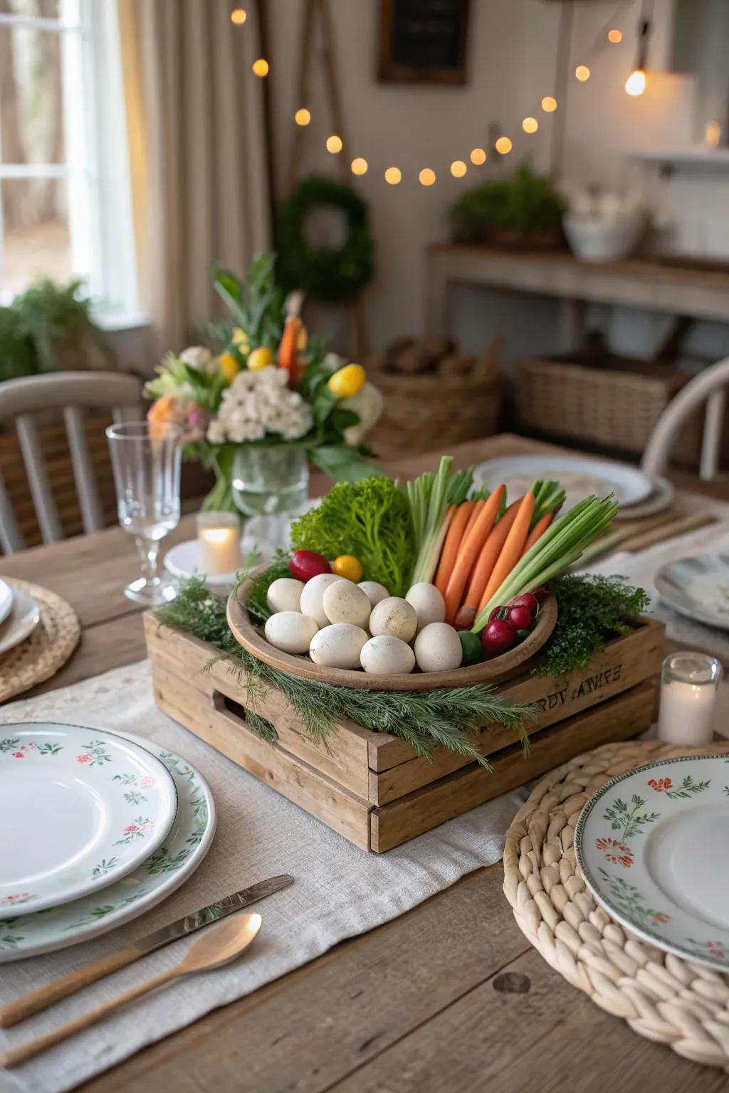 The Easter décor gains a healthy element from a vegetable focal point that is edible.