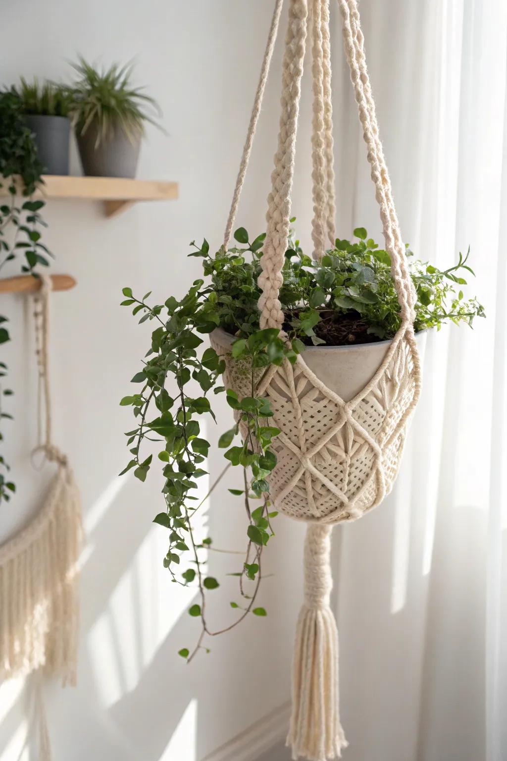 Enhance your indoor botanicals with the refinement of a handcrafted crochet flora suspension.