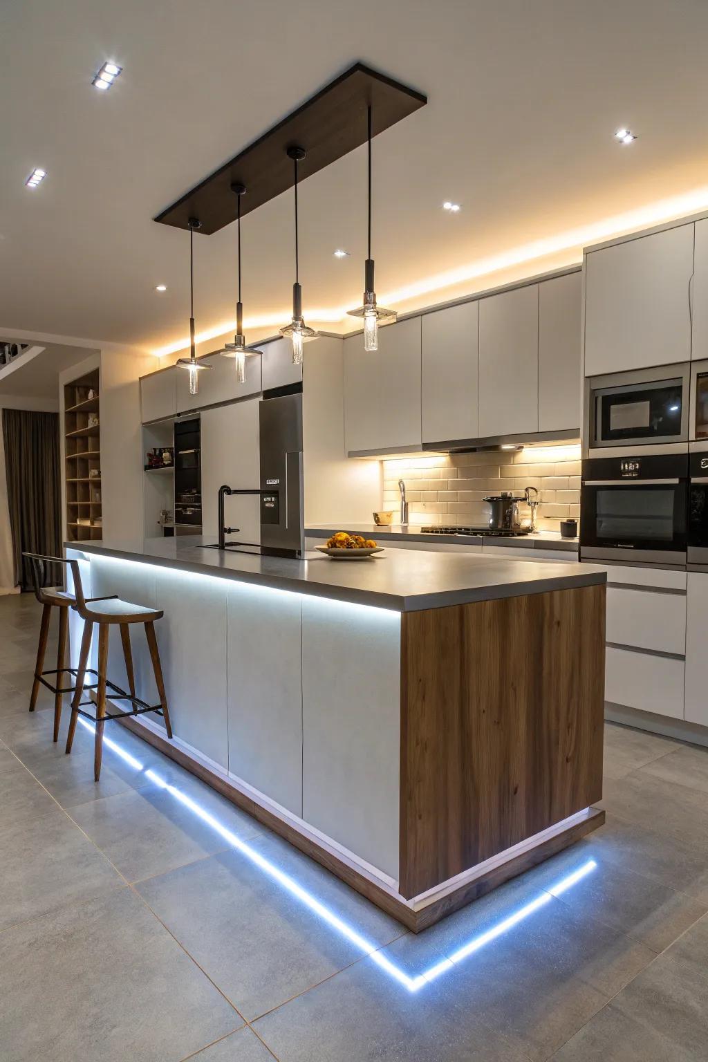 An island featuring an illuminated structure for a modern touch.