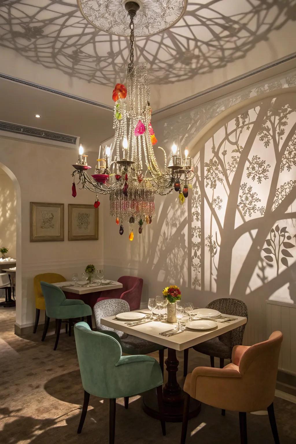 An eating area enhanced by a unique chandelier with fun light effects.