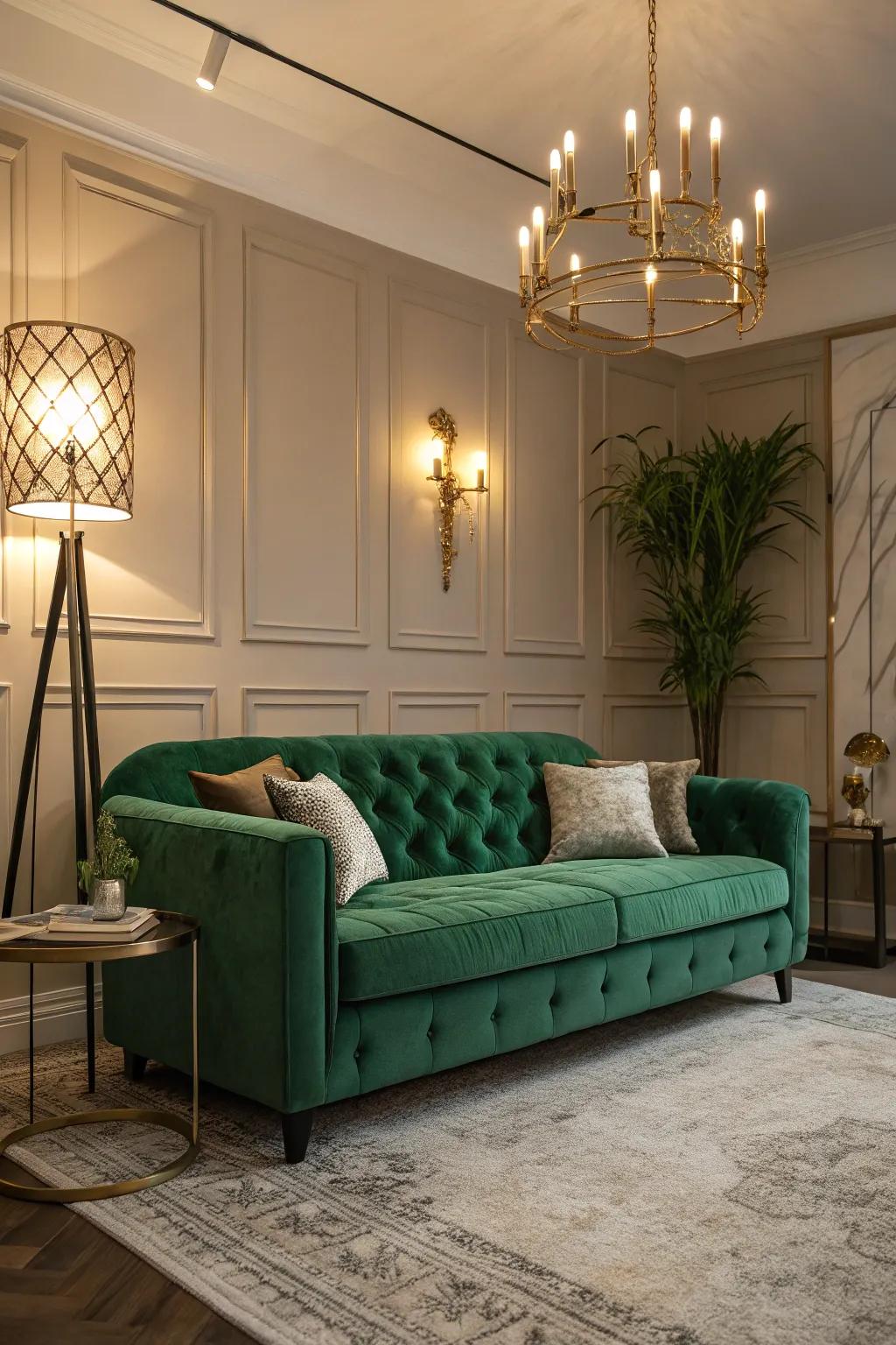 Creative lighting highlights the emerald green sofa.