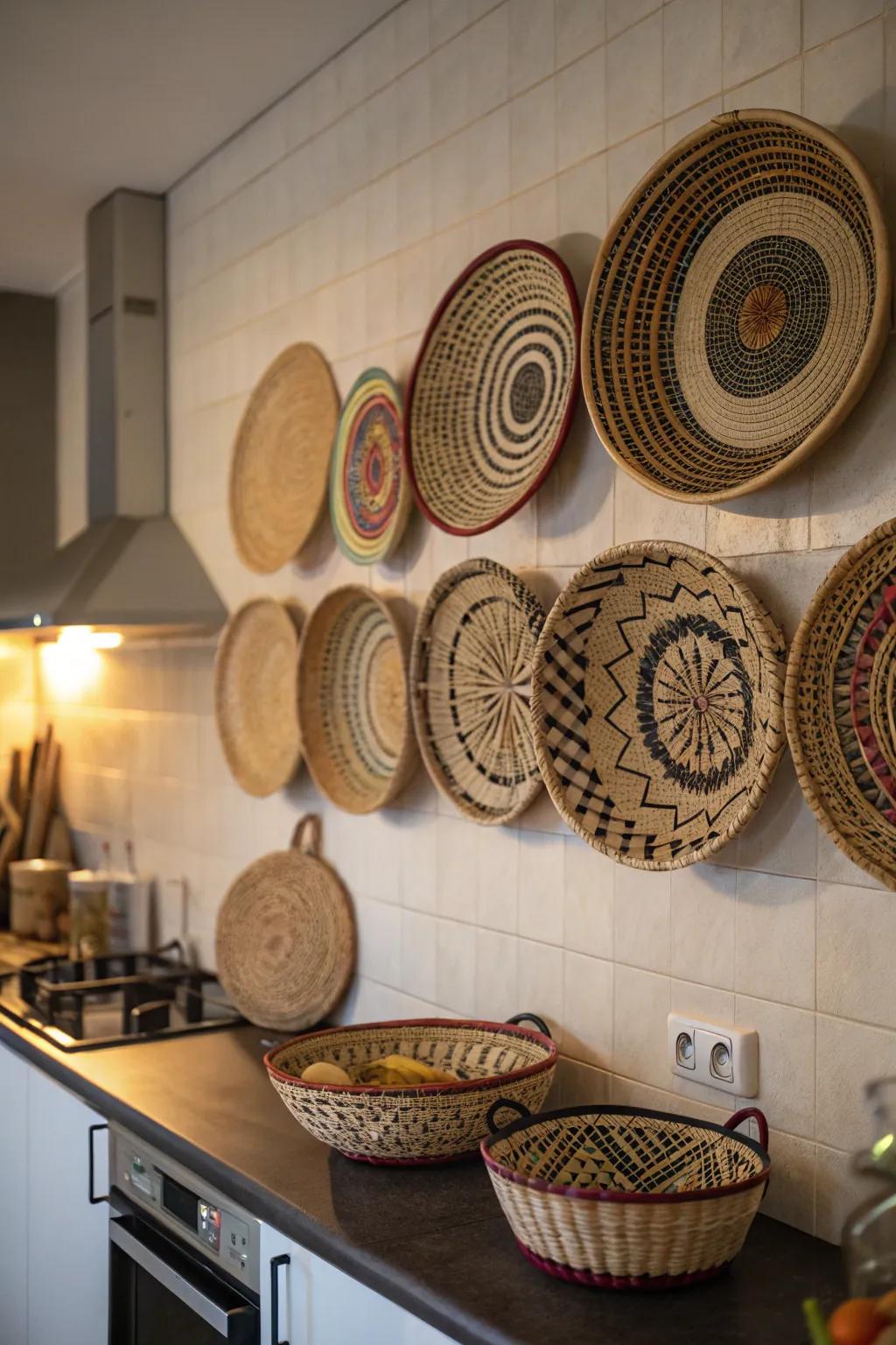 Weaved baskets inject both texture and functional storage to your cooking area.