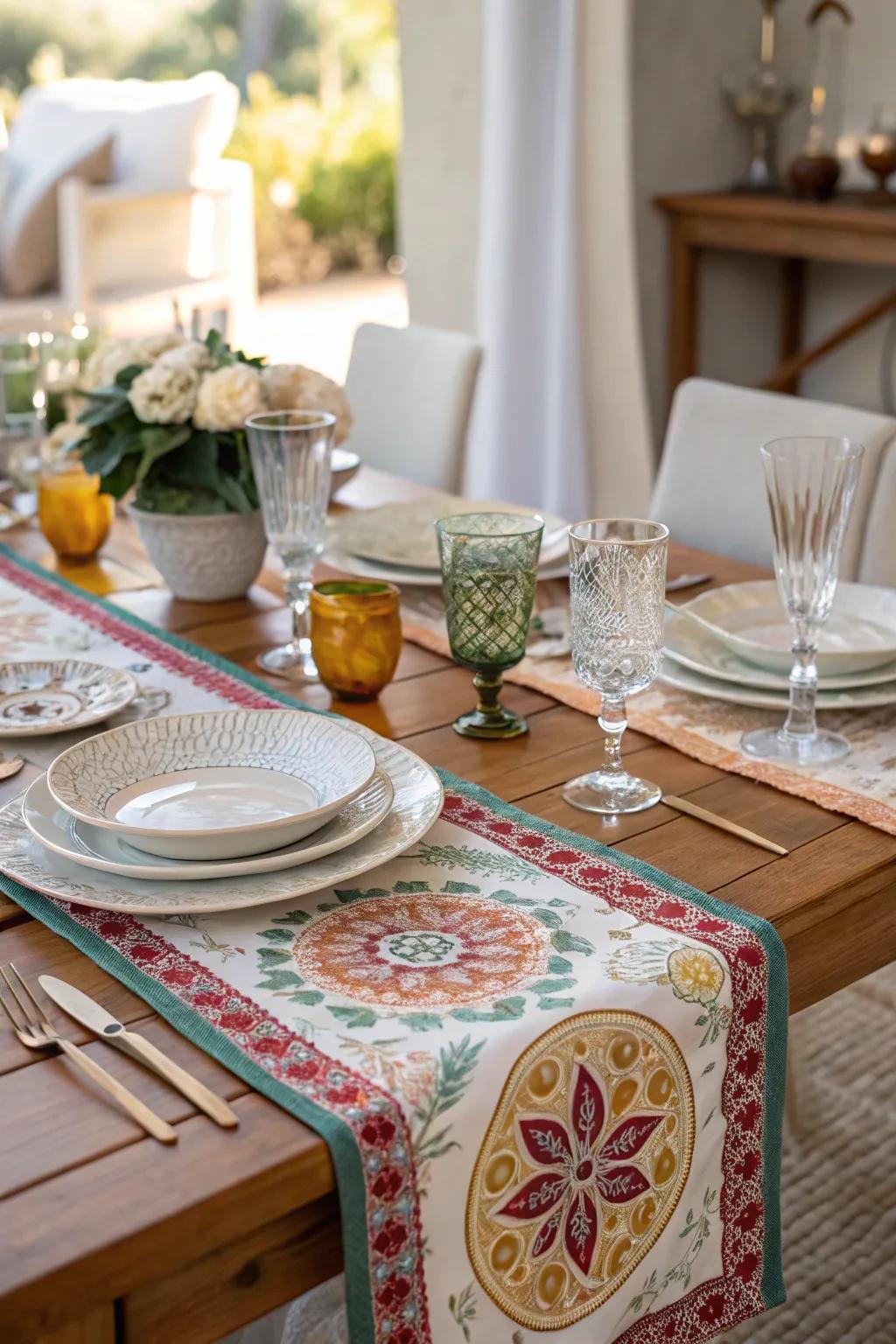 Distinctive table scarves that infuse a delicate yet striking aspect to the brunch ornamentation.