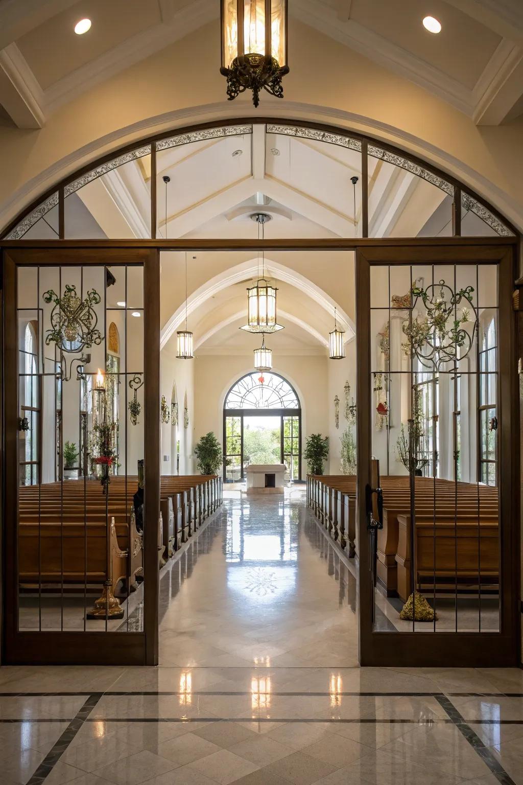 Glass elements in the church foyer create an open and connected atmosphere.
