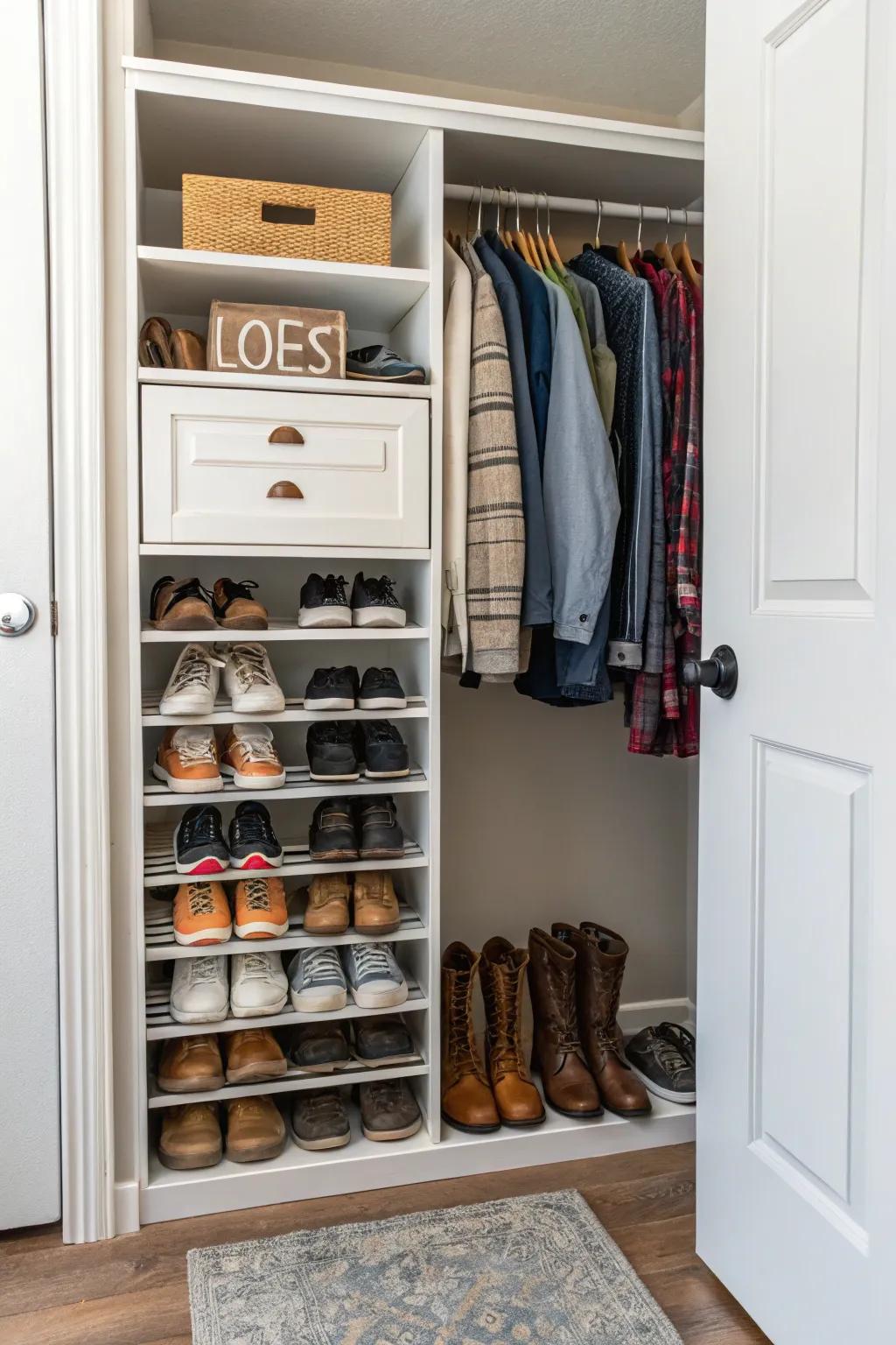 A shoe rack guarantees an orderly and tidy entryway.