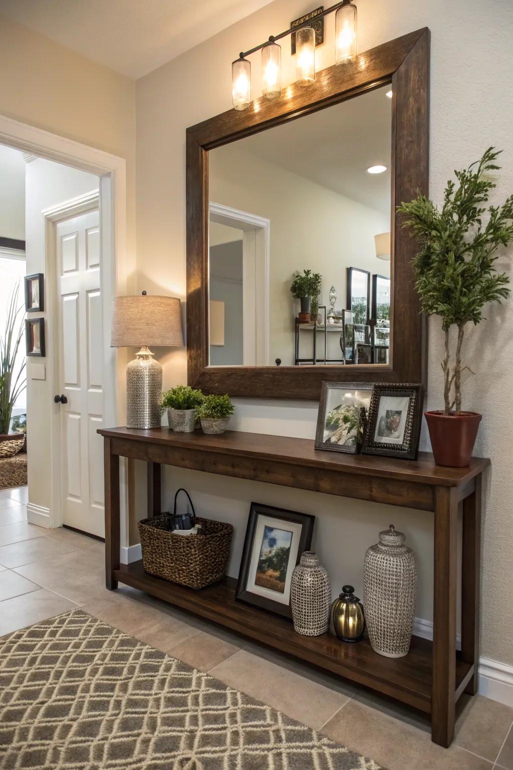 A mirror with an integrated stand marries function with style in the entryway.