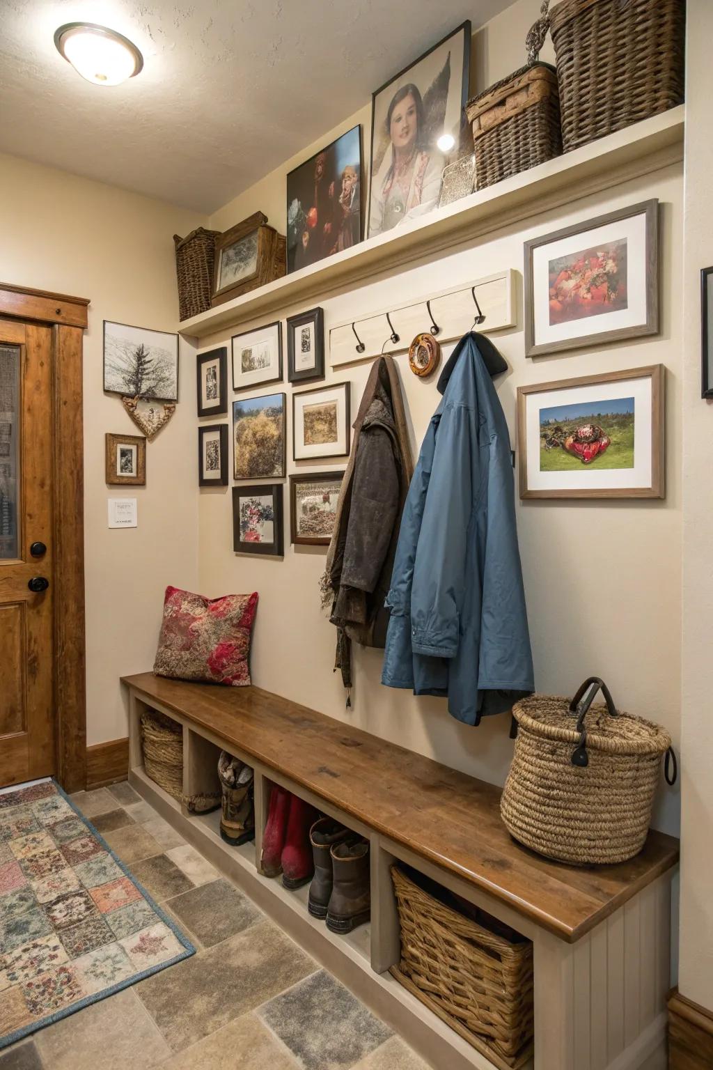 Personal embellishments render this mudroom uniquely inviting.