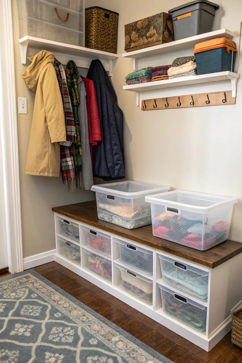 See-through bins offer clarity and order in your entryway.