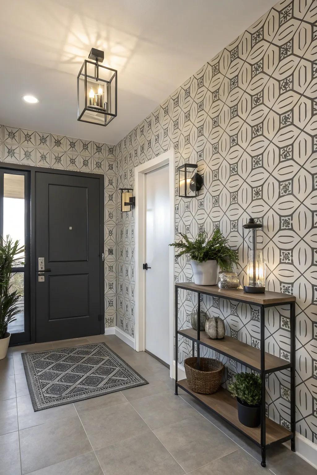 An edgy entryway showcases industrial wallpaper, radiating an urban ambiance.