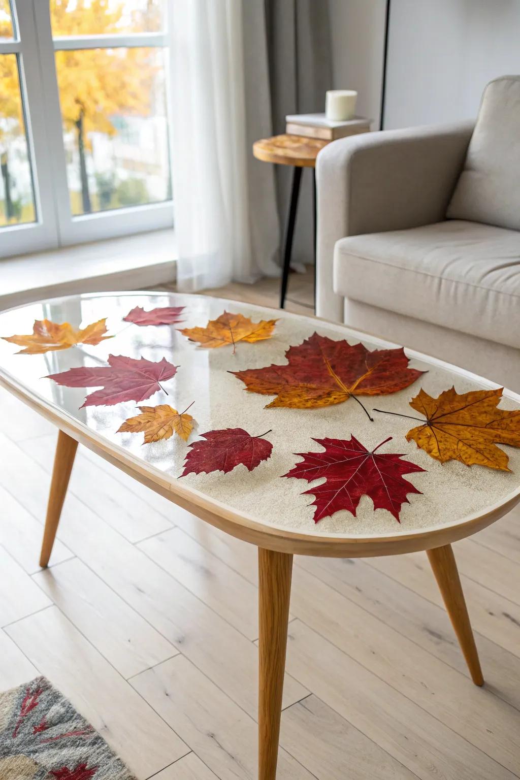 Embrace the allure of autumn through this exquisite maple foliage epoxy table, an immaculate synergy of nature and artistry.