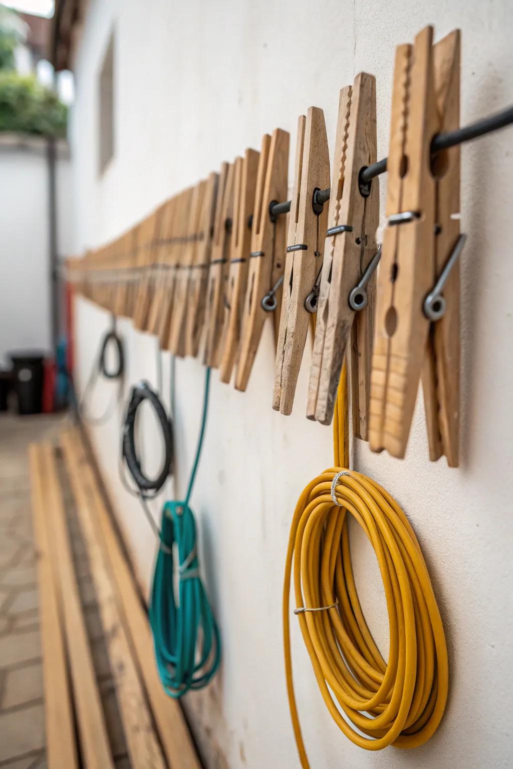 Wooden pegs offer a charming and functional storage option.