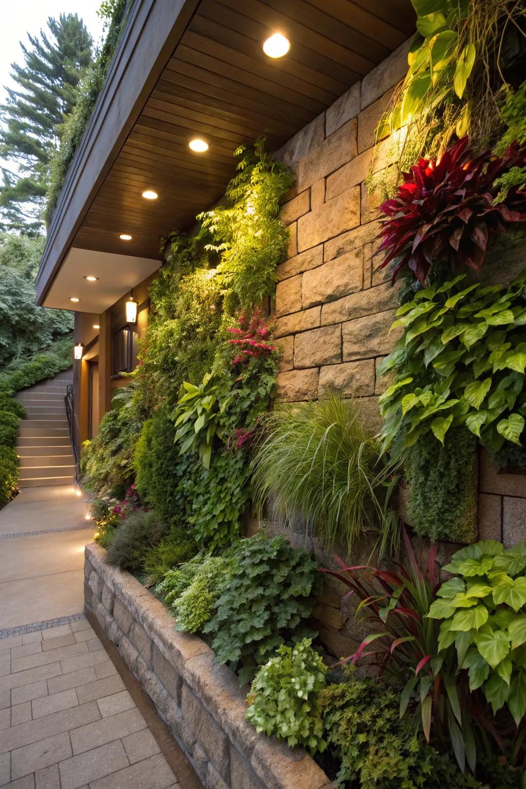 A lively upright garden adds life to a walkout basement wall.