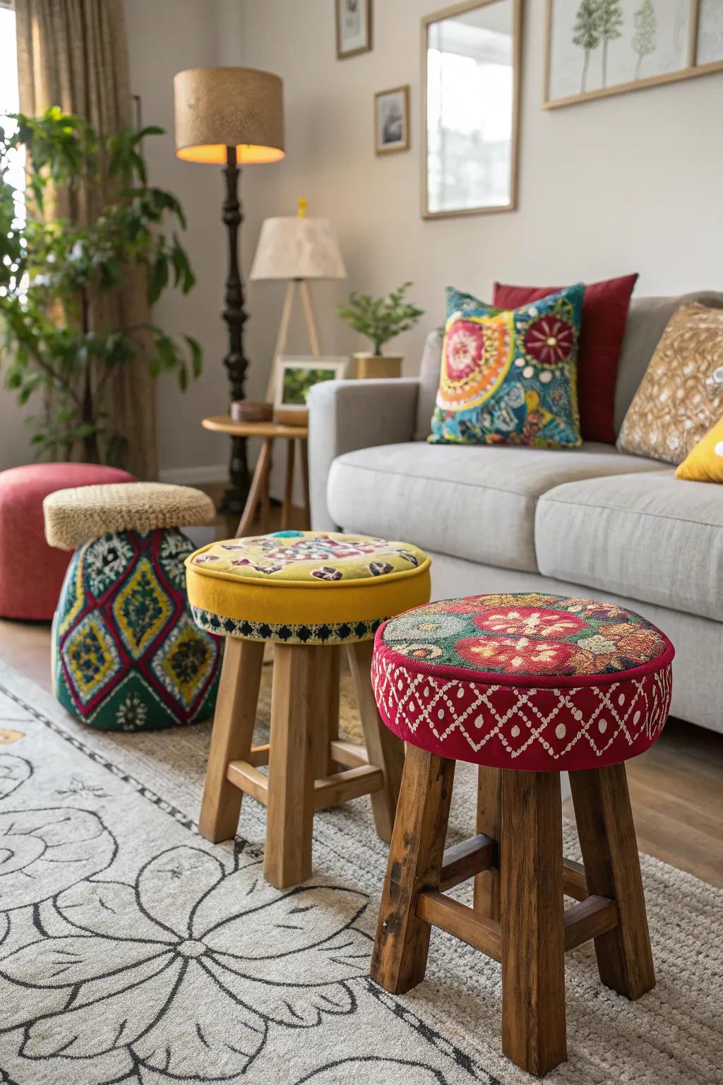 A collection of stools adds an artistic twist to your seating arrangements.