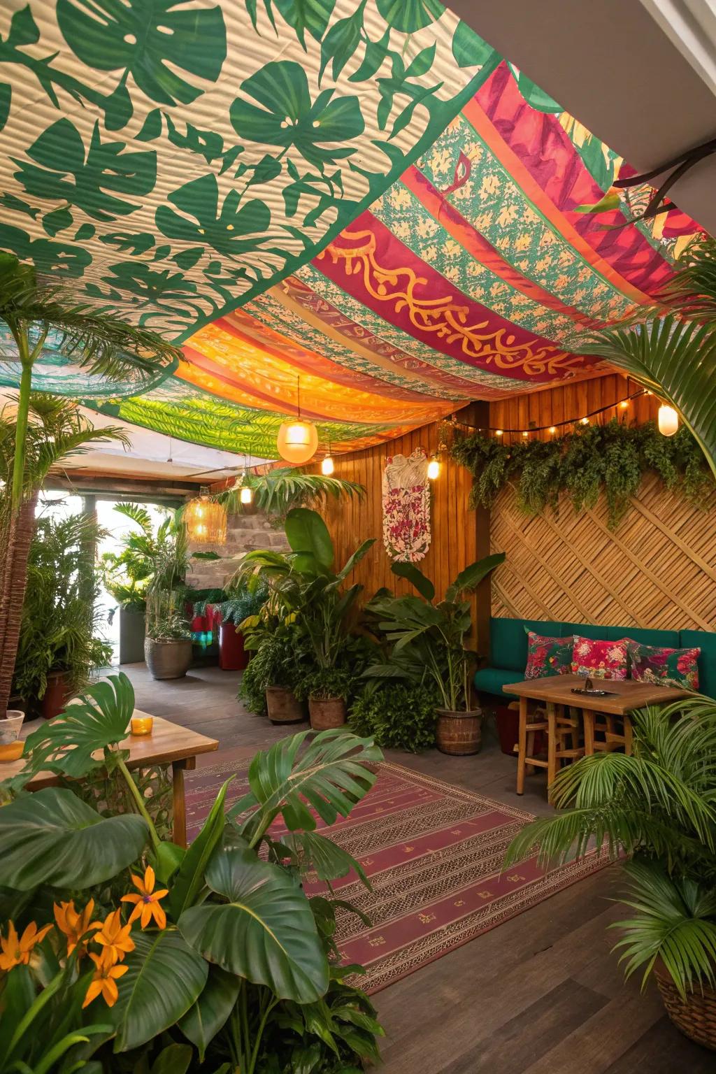 Escape to paradise with warm-weather fabric ceiling designs.