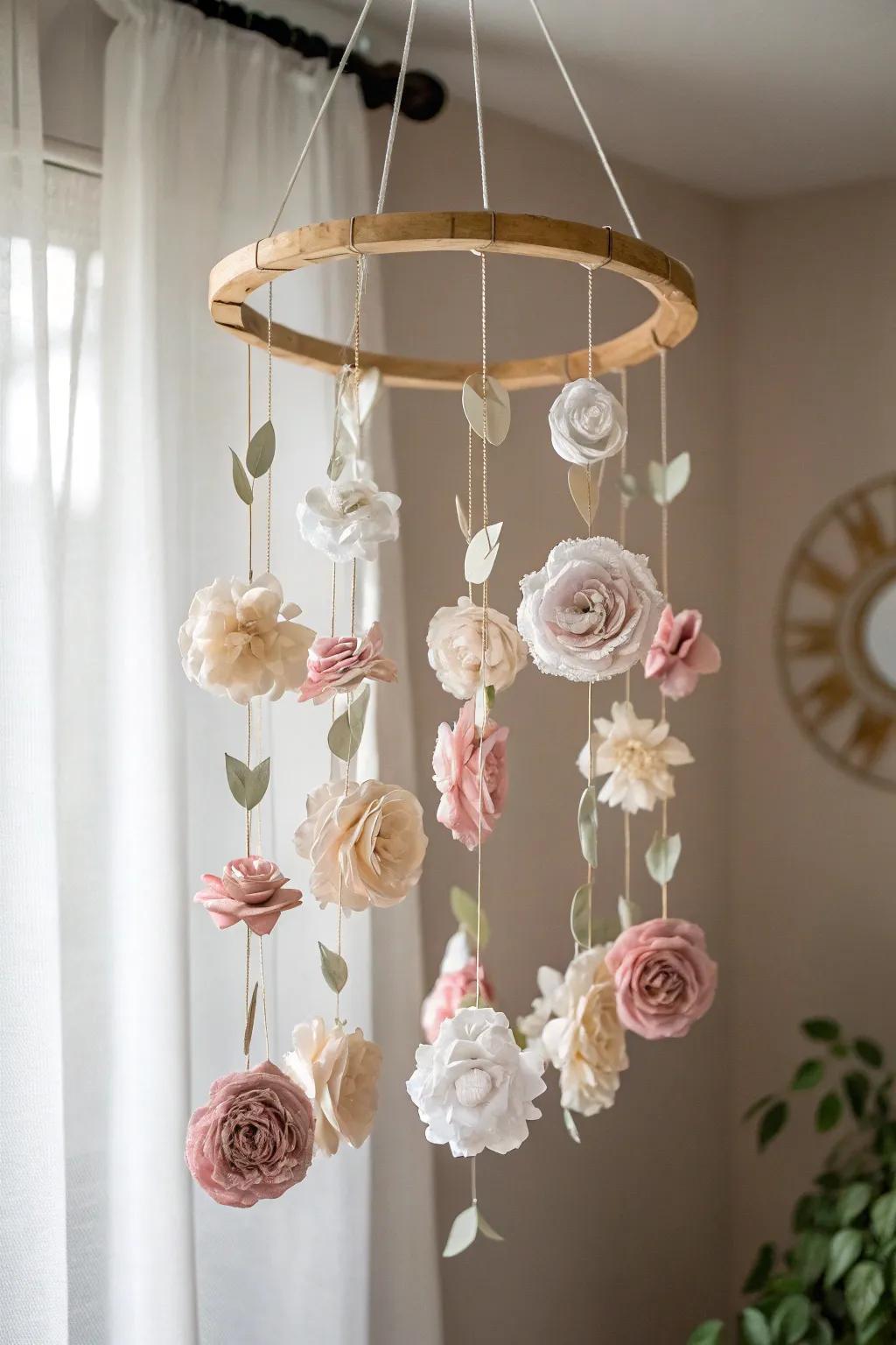 Infuse a whimsical touch into your space with a serene textile blossom mobile.