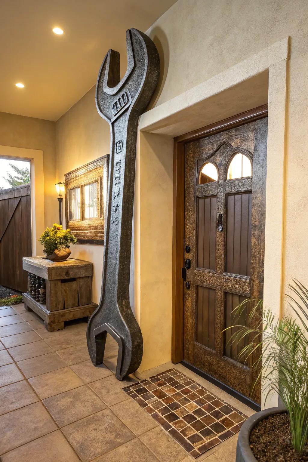 A striking home entrance exhibiting a triple-dimensional sculpture sign.