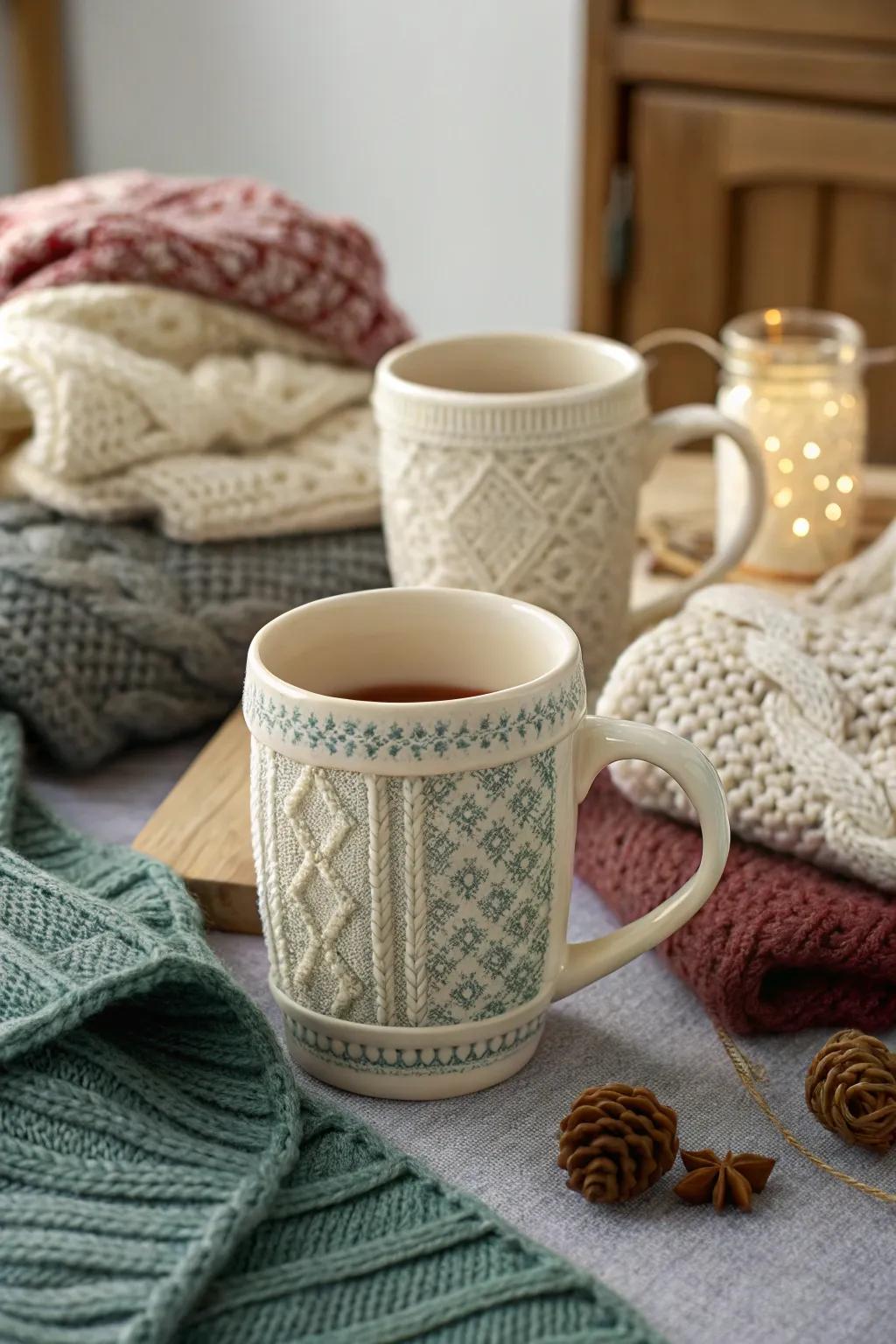 Cozy cups with sweater-knit designs.