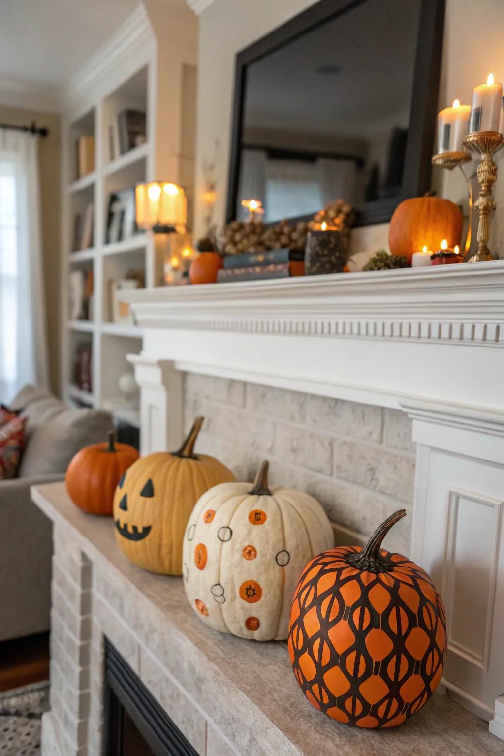 A fall mantel showcasing creatively decorated pumpkins.