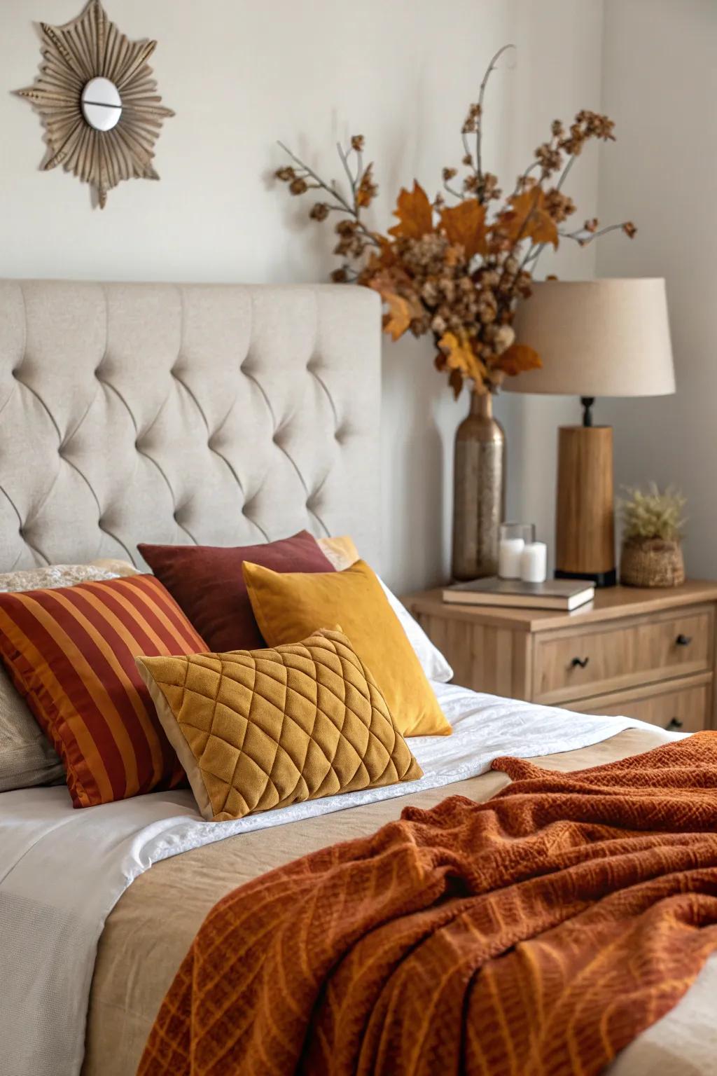 A tufted headboard enhances elegance and warmth.