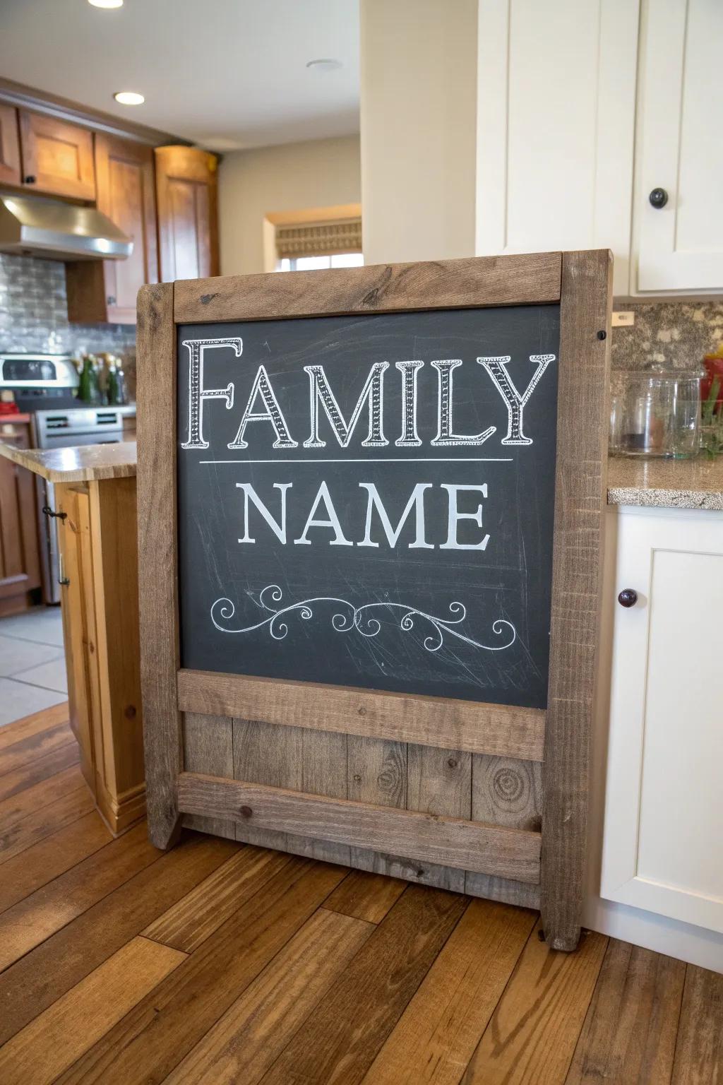 A chalkboard-inspired lineage name marker infusing allure to a kitchen.
