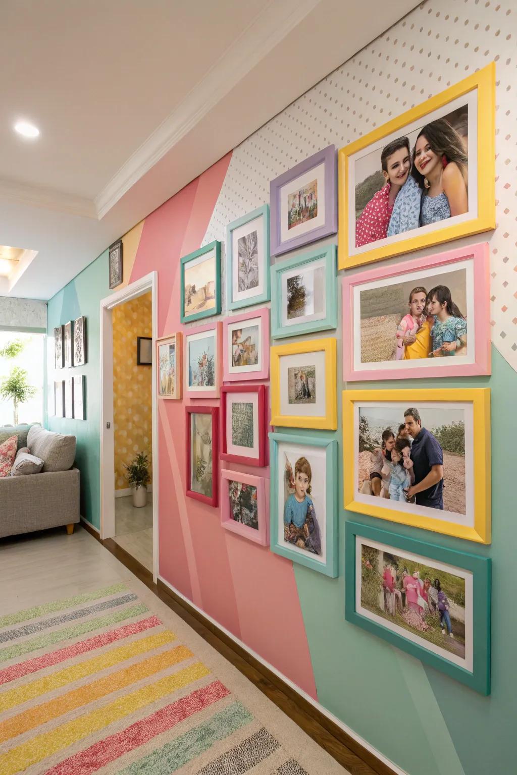 Colorful frames adding vibrancy to a photo wall.