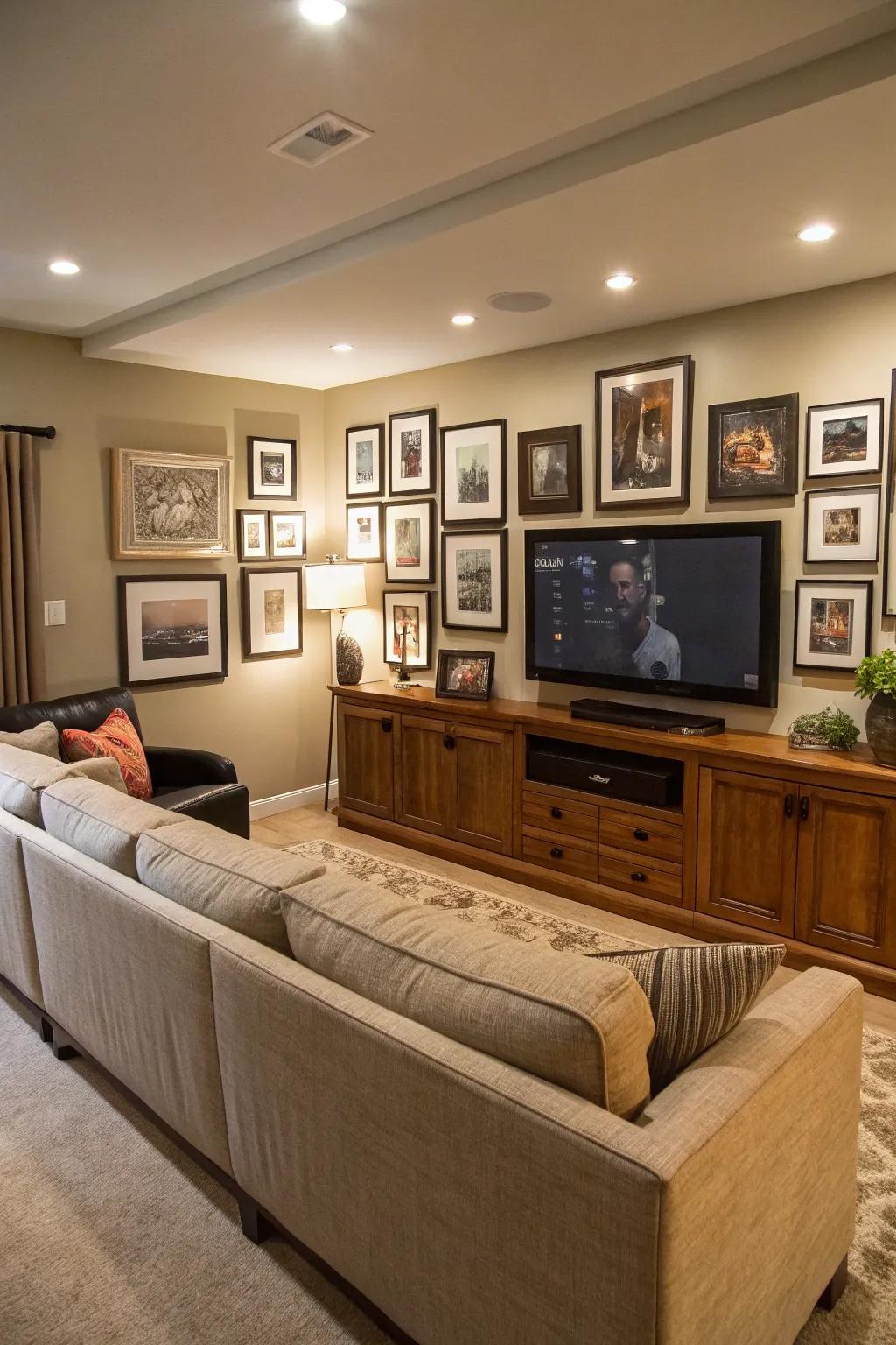 A gallery wall transforms the TV into a curated decor element.