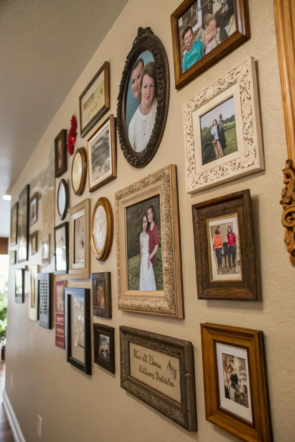 A fusion collection of frames adding charm to the family wall.