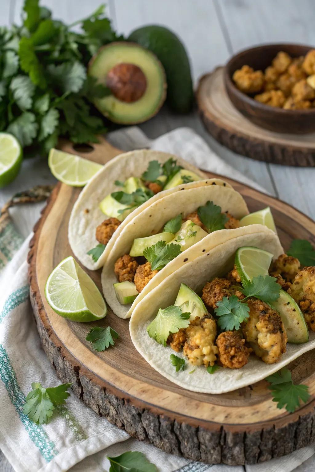 Slow-roasted ivory blossom tacos, a flavorful vegetarian option.