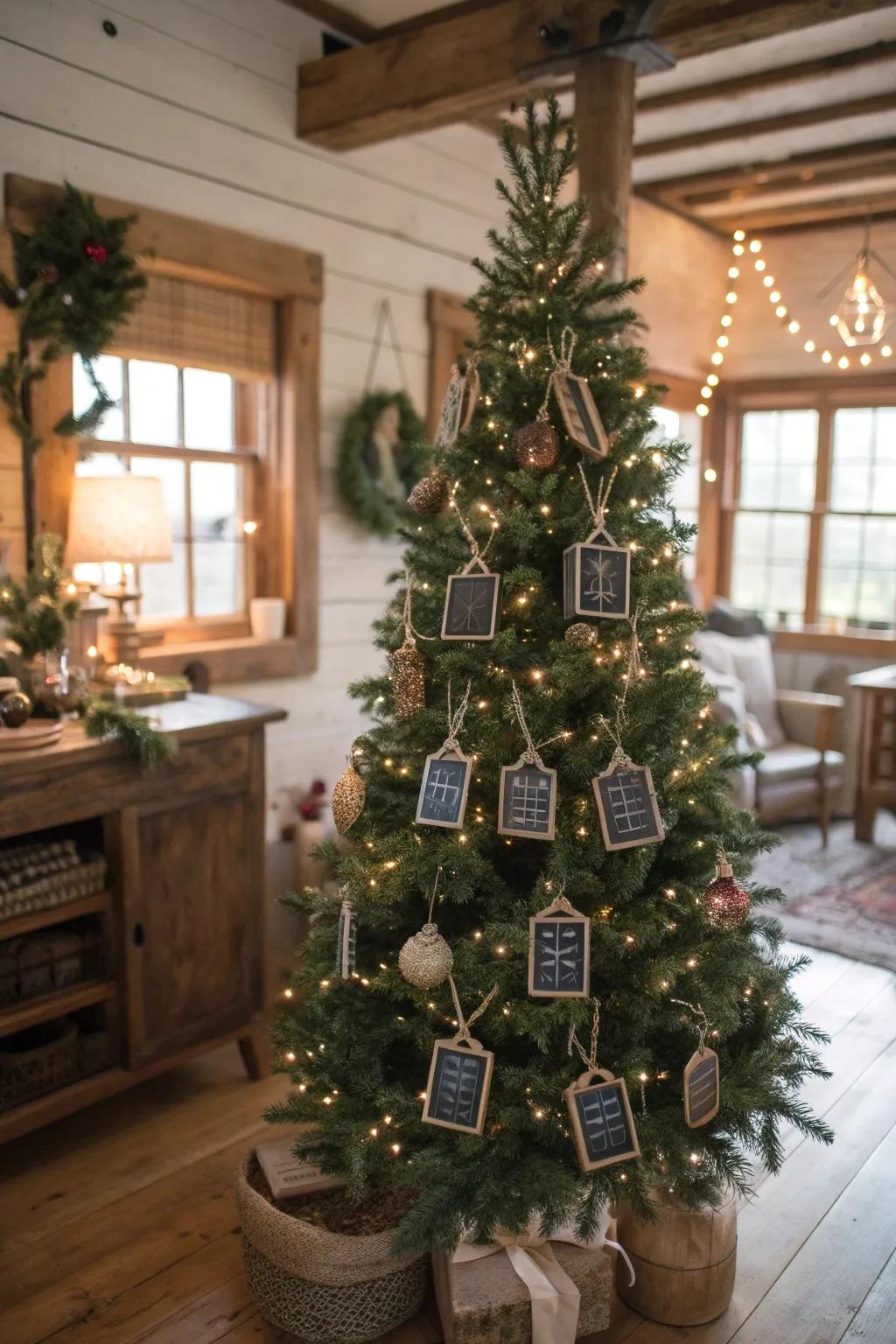 Diminutive whiteboard ornaments add a customizable touch to this tree.