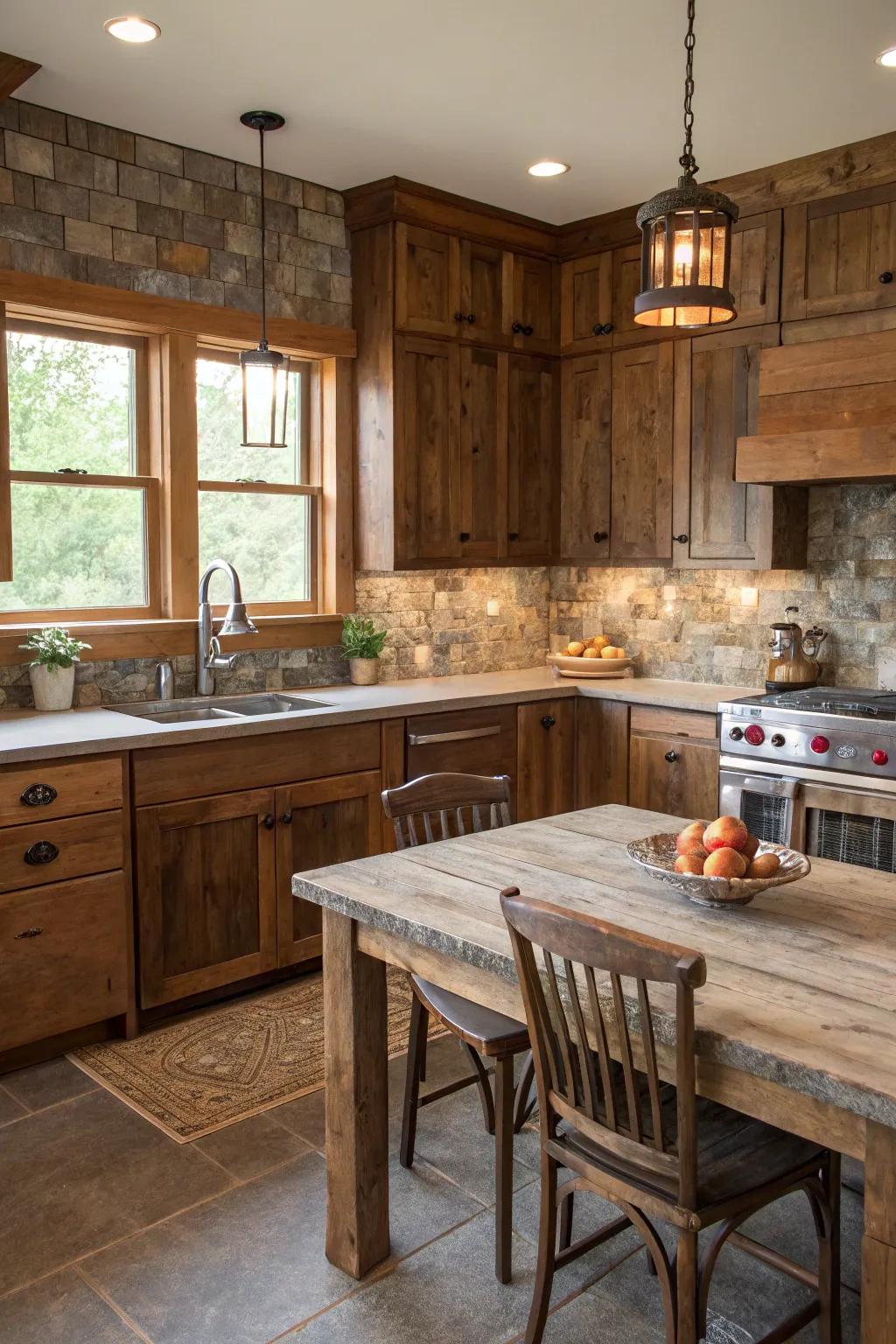 A farmhouse kitchen featuring a backsplash made from salvaged components.