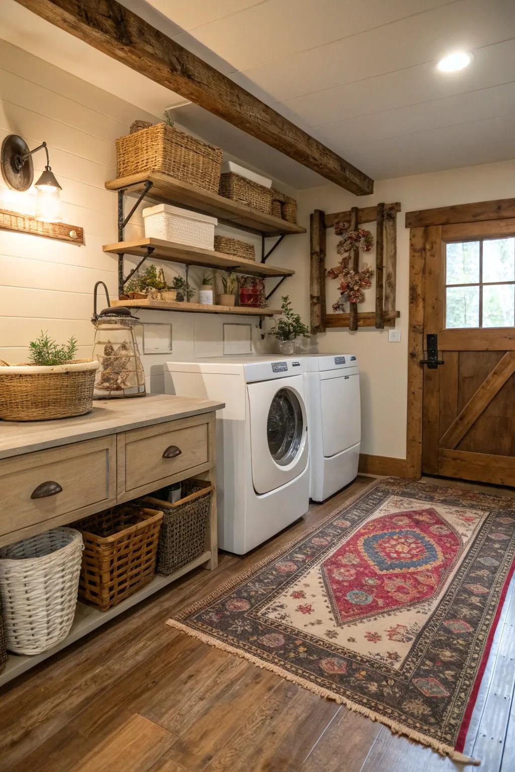 A snug floor covering contributes warmth and texture to this welcoming laundry space.
