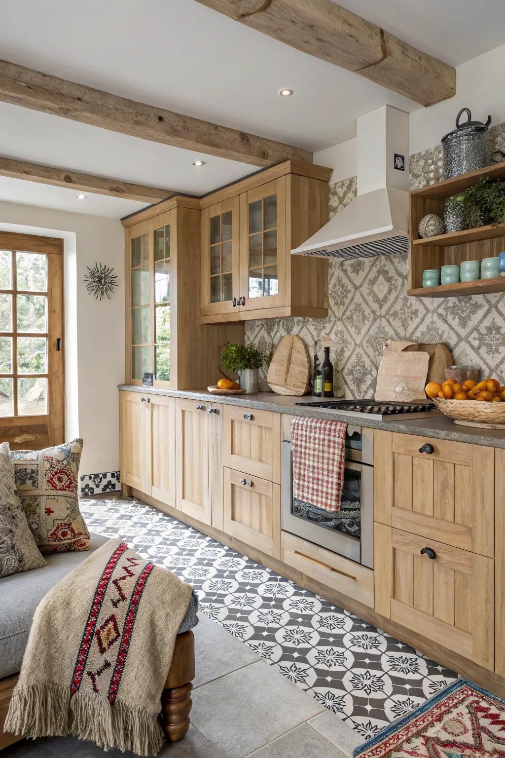Patterns enrich the playful aspect of a cooking area filled with pale timber.