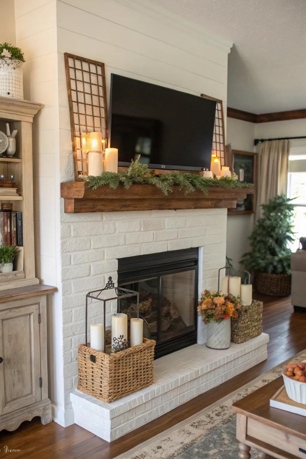 A farmhouse mantel, featuring a TV above, artistically styled with an irregular decorative layout.