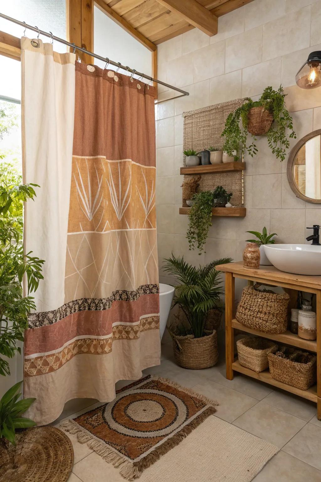 A bathroom with a land tone shower covering and natural decor elements.