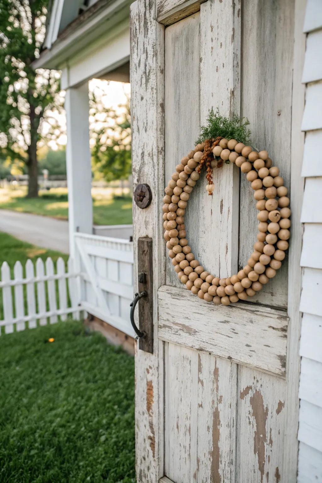 Festive wreath crafted from bead strand.