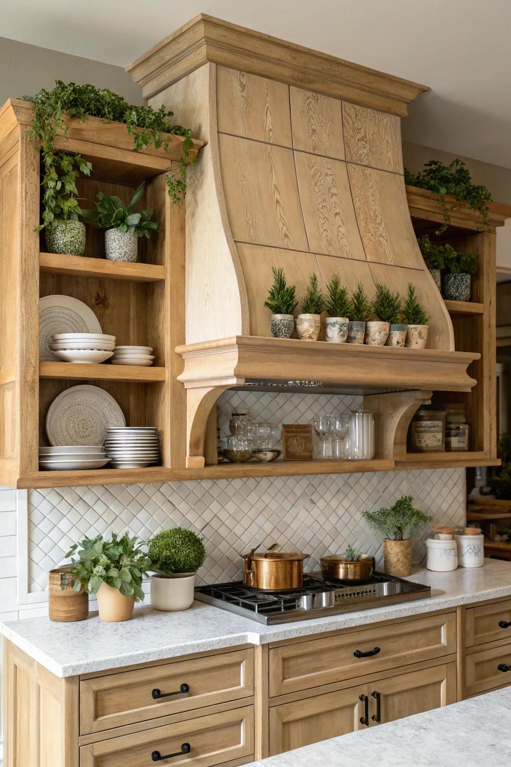 Open shelves integrated with a range hood add charm and functionality.
