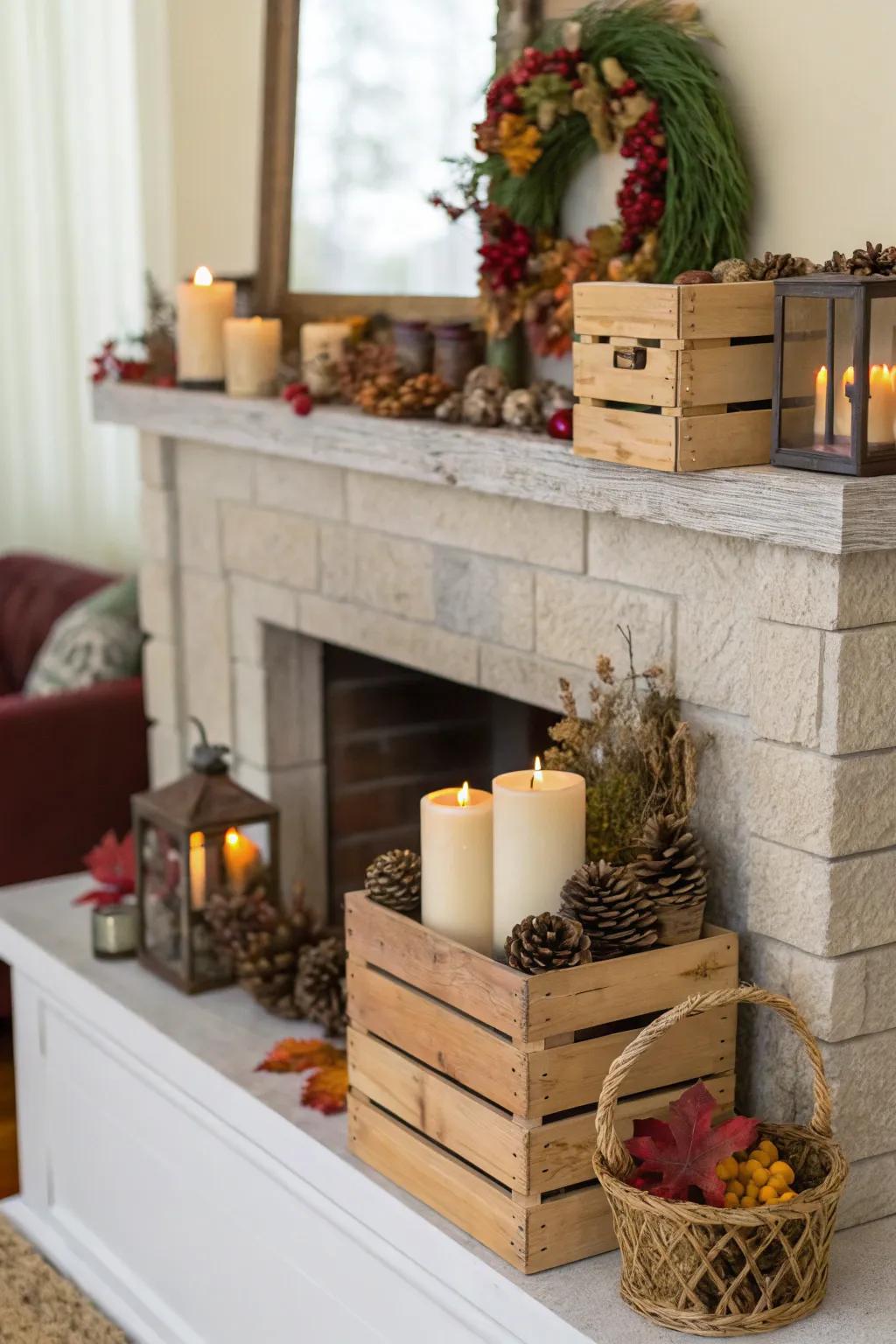 Fashion a snug mantel display via containers.