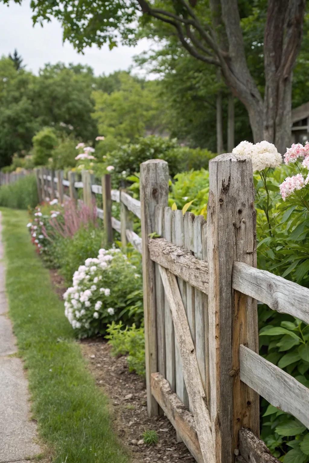 Repurposed wood fences bring farmhouse allure to your garden.