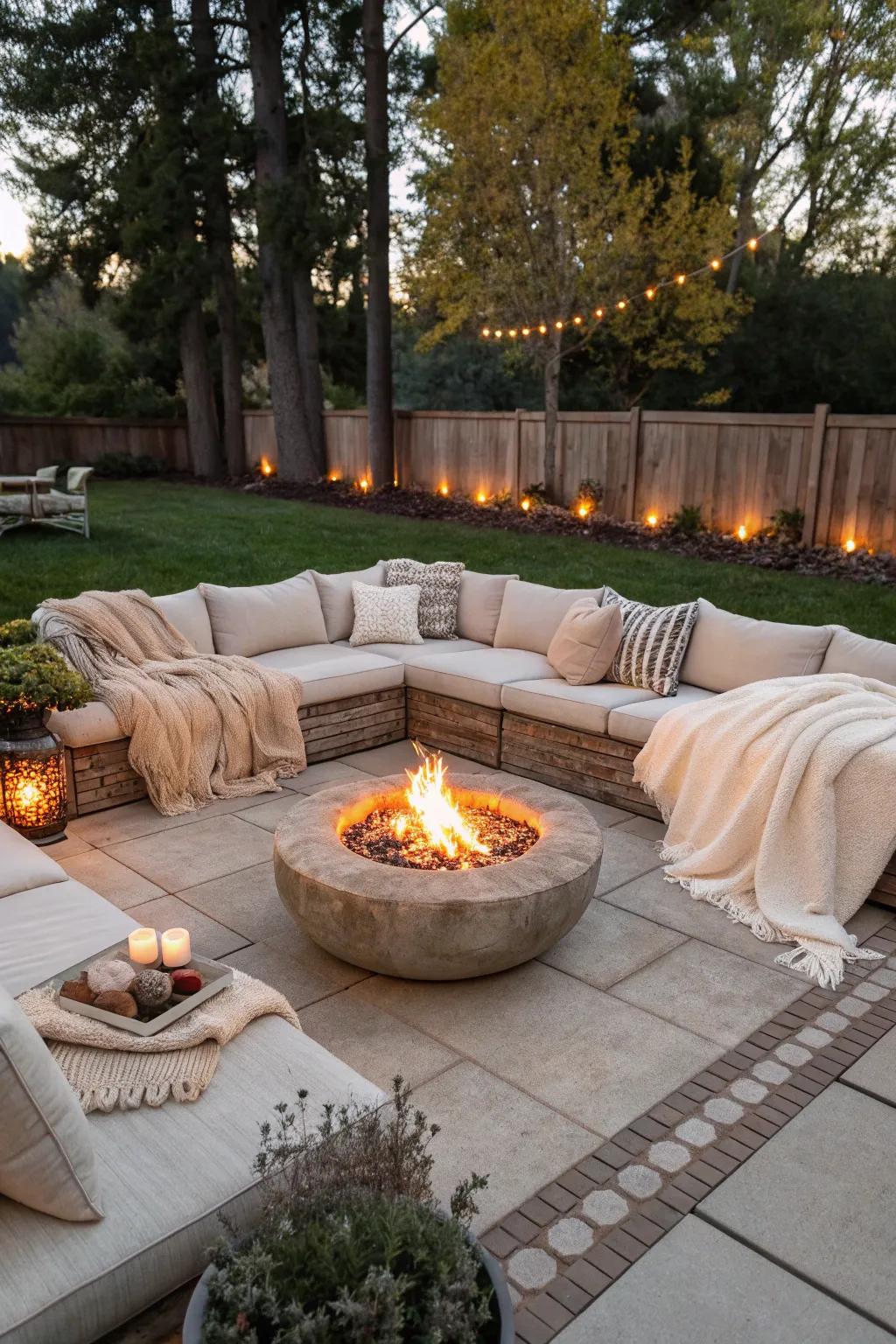 Lavish lounge sofas offer supreme comfort around the fire pit.