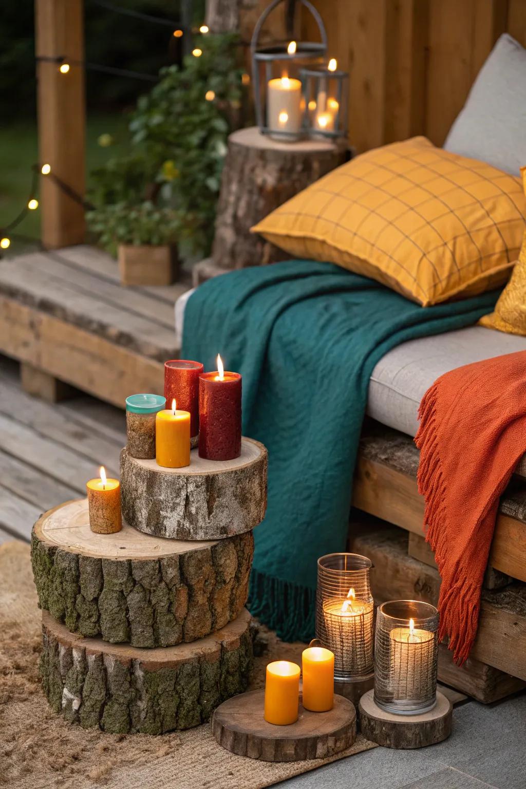 Embrace rustic allure with lights on trunks for a snug cabin vibe.