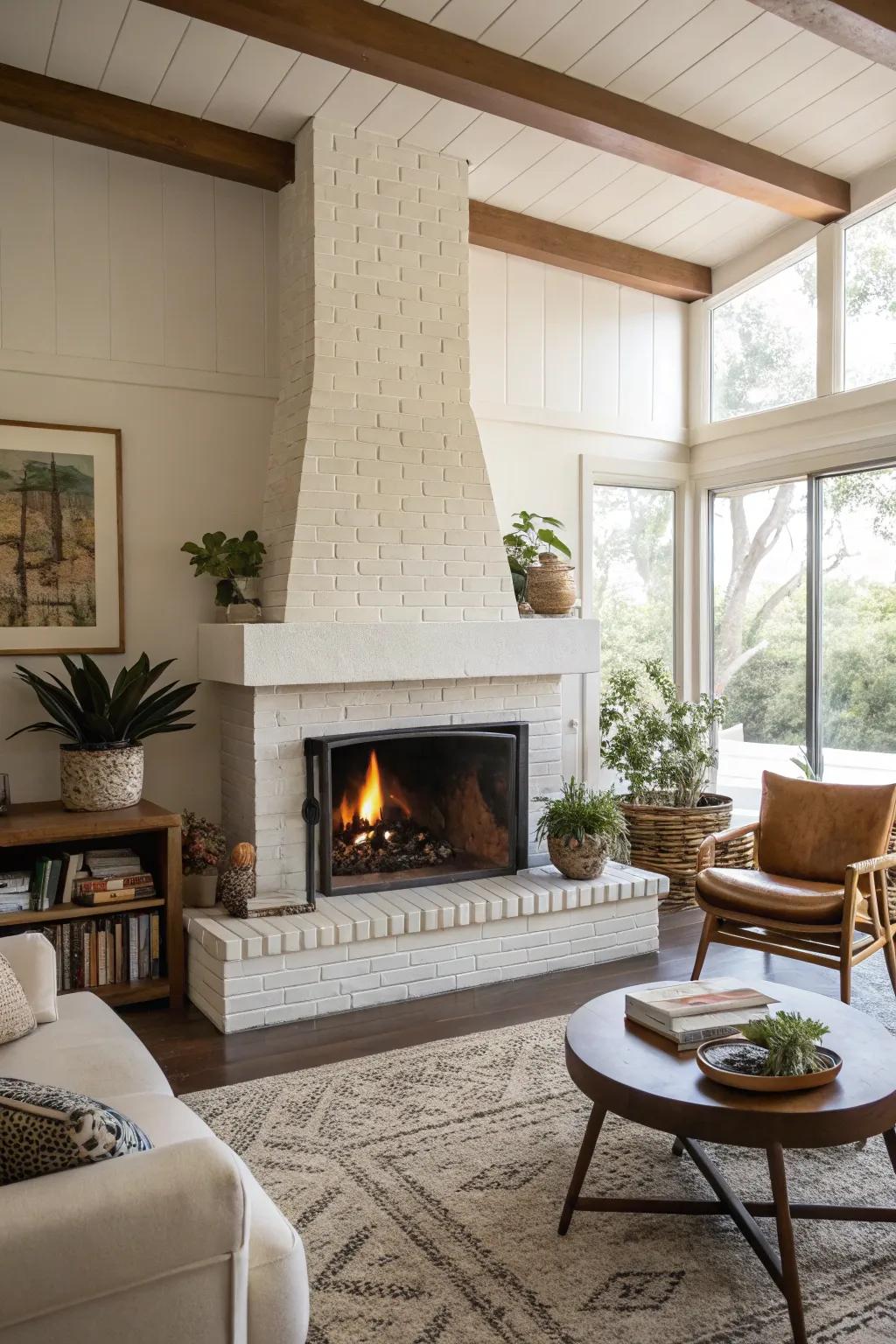 A refined mid-century modern living room showcasing a minimal central fireplace.