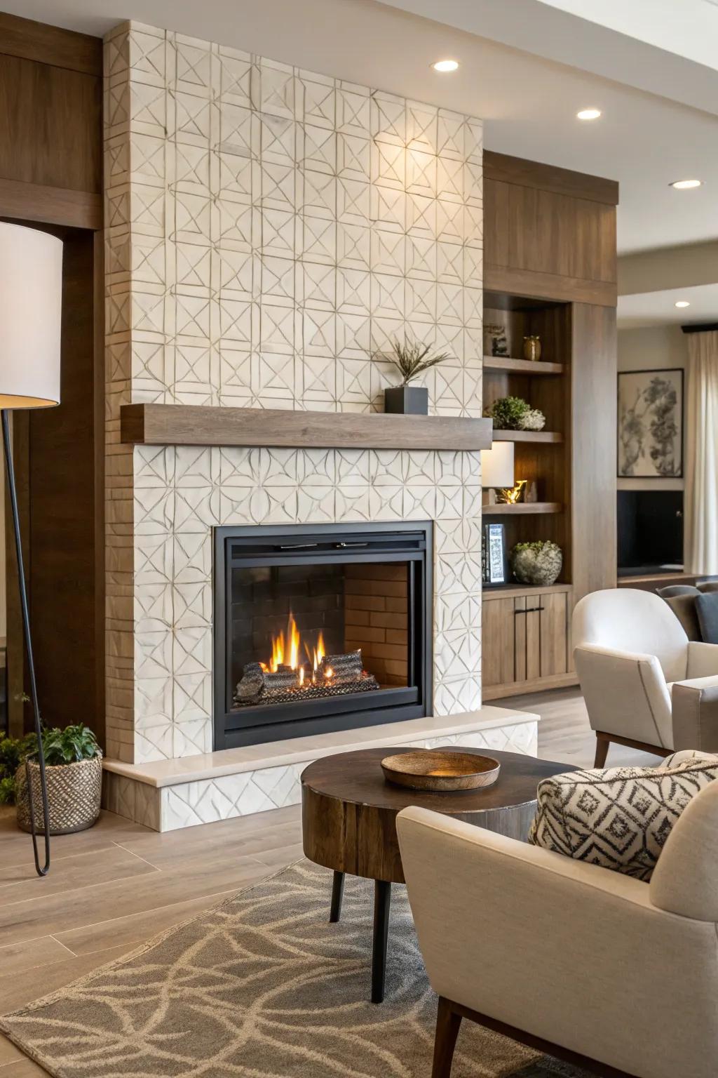 Layered tiles enhance the visual intrigue of this fireplace.